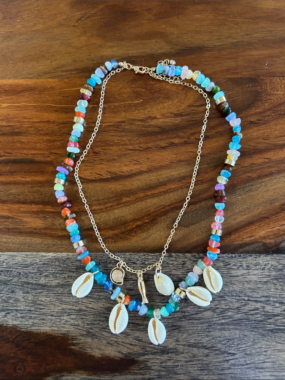 Gold Chain Layered Shell & Multicolor Bead Necklace